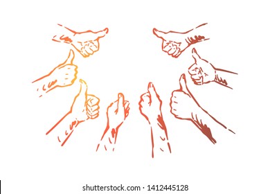 Hands group showing thumbs up, agreement, approval, confirmation expression, satisfaction, success symbol