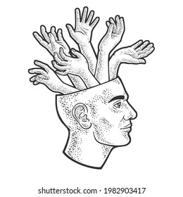 hands grow out of head abstract line art sketch engraving vector illustration. T-shirt apparel print design. Scratch board imitation. Black and white hand drawn image.