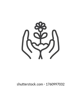Manos con el icono de la flor en crecimiento. signo de estilo lineal para concepto móvil y diseño web. Icono de vector de contorno de planta. Símbolo de cuidado ecológico, ilustración del logotipo. Gráficos vectoriales