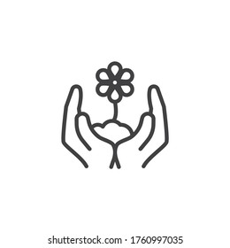 Hands with growing flower line icon. linear style sign for mobile concept and web design. Hands holding plant outline vector icon. Ecology care symbol, logo illustration. Vector graphics