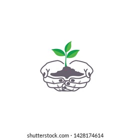 Hands with Growing Up Plant Logo Design Vector Template Illustration