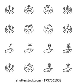 Hands with growing plants line icons set, outline vector symbol collection, linear style pictogram pack. Signs logo illustration. Set includes icons as growing sprout, flower pot, houseplant, planting