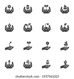 Hands with growing plants vector icons set, solid symbol collection, filled style pictogram pack. Signs, logo illustration. Set includes icons as growing sprout, flower pot, houseplant, planting