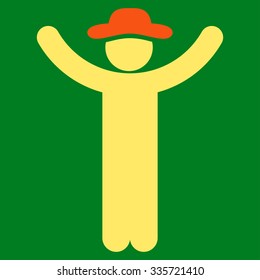Hands Up Guy vector icon. Style is bicolor flat symbol, orange and yellow colors, rounded angles, green background.