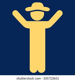 Hands Up Guy vector icon. Style is flat symbol, yellow color, rounded angles, blue background.