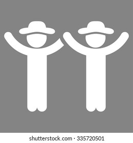 Hands Up Guys vector icon. Style is flat symbol, white color, rounded angles, gray background.