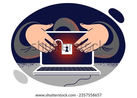 Hands of hacker near laptop with lock on display, hacking protection on computer to steal information. Cyber criminal or bad hacker in hood makes attack through internet connection.