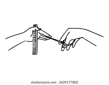 Hands of a hairdresser with scissors and a comb drawn in line art style. Vector illustration.