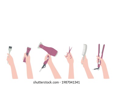 Hands with a hairdressers tool, hair dryer, comb. Background with hair salon accessories with space for text. Frame, border for beauty information.