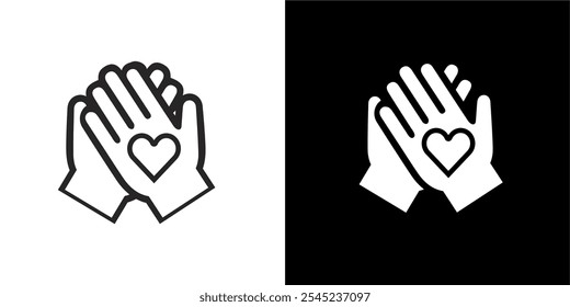 Ícone Mãos para pegar. Mão para casa com símbolo de amor preto e branco. Ícone para caridade, doação, solidariedade e ajuda humanitária. Ilustração de Vetor Stock em estilo de design plano e de linha.