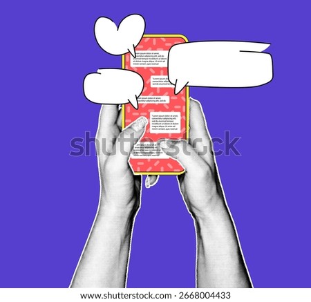 Hands with a halftone effect are holding a smartphone, engaging in a chat. Colorful speech bubbles emerge, illustrating a lively conversation taking place.