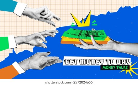 Hands with a halftone effect reach for a wad of money in a colorful collage that highlights the financial exchange. The concept of financial transactions where hands exchange money.