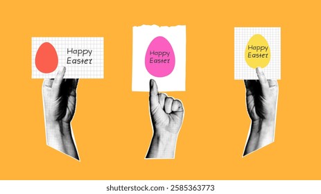 Hands with halftone effects holding paper with Easter Eggs. Vector retro collage.