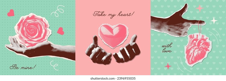 Hands in halftone for Valentine's day collage templates. Woman hands holding and giving halftone heart, rose. Paper cut out gifts for Valentine's Day. Retro vector illustrations set.