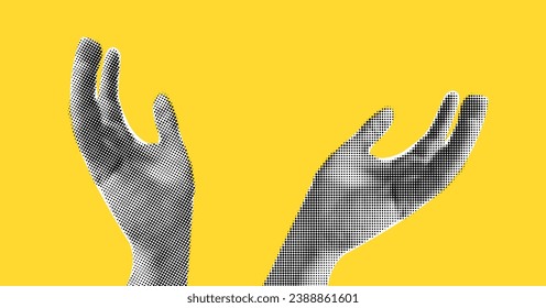 Hands in halftones treatment for collage on yellow background. Side view as if holding something, Hand up in the air catches something, vector trendy illustration in dot like pop art