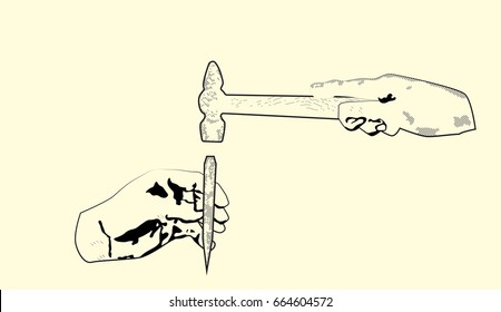 hands with hammer and engraving tool in vintage style