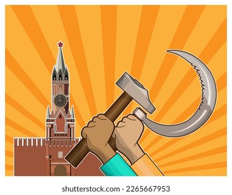 Hands with a hammer and sickle against the backdrop of the Moscow Kremlin and the diverging rays of the rising sun. Vector illustration