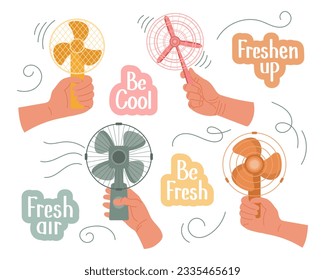 Hands with hand fans in flat style. Modern electric fans of different types and inscriptions. Icons, vector