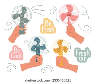 Hands with hand fans in flat style. Modern electric fans of different types and inscriptions. Icons, vector