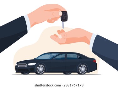 Hands hand over the keys to a business class car. Car sale, rent. Evaluation and comparison of cars. Insurance of your vehicle. Vector illustration