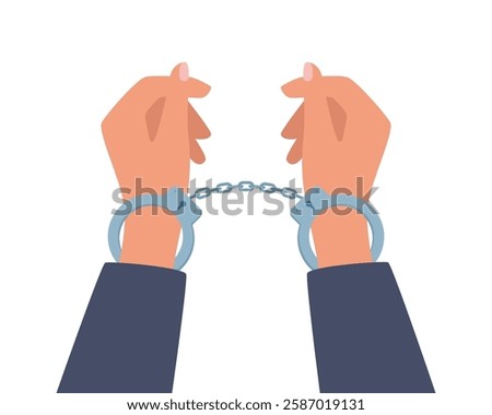 Hands in handcuffs. Arrested man in a metal handcuffs. Concept of arrest. Crime, corruption.