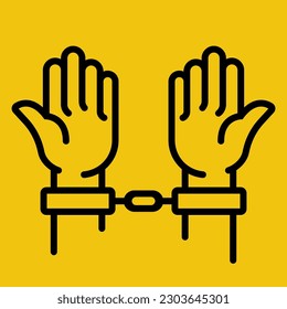 Hands in handcuffs black line icon. Human in jail. Prisoner concept. Vector illustration flat design. Cartoon style. Arrest of a person. Isolated on white background. Criminal behind bars.