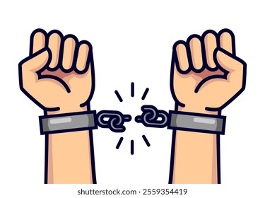 Hands in handcuffs breaking chain. Freedom, liberty, revolution concept