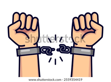 Hands in handcuffs breaking chain. Freedom, liberty, revolution concept