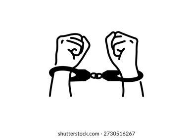Manos en esposas Concepto criminal Arrestado castigo Convicto de esclavitud contorno línea icono color negro Ilustración vectorial delgada estilo plano