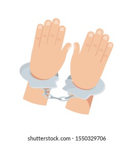 Hands in handcuffs flat vector illustration. Arrested person arms in metal restraining bracelets isolated clipart on white background. Crime punishment, justice concept design element