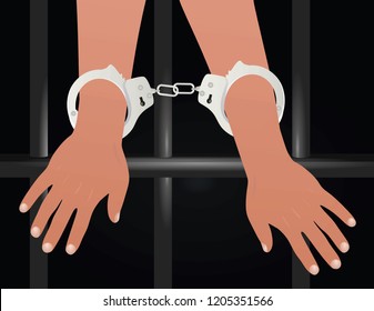 Hands in handcuffs  in front of prison bars. vector illustration