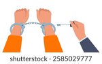 Hands in handcuffs. Key is in the hands of freedom. Arrested man in a metal handcuffs. Break free. Prisoner release. Freedom concept. Unlocking handcuffs. End of arrest.