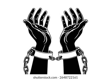Hands in handcuffs raised up vector illustration