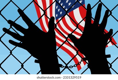 Hands in handcuffs rest on a chainlink fence with a USA flag in the background in an image about being detained at the USA and Mexico border or imprisoned in America