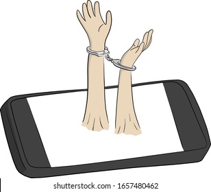 manos en el lavabo esposado en la ilustración vector de smartphone esbozar el doodle mano dibujado aislado en fondo blanco