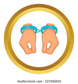 Hands in handcuffs vector icon in golden circle, cartoon style isolated on white background