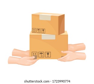 Hands Handing Over Parcel in Cardboard Boxes Vector Illustration