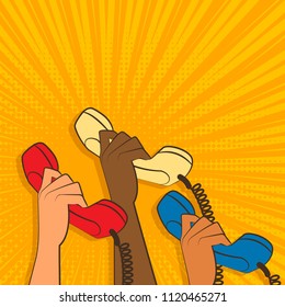 hands with handset on dots background