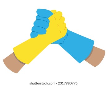 Hands with a handshake in a rubber glove isolated on a white background. Vector. The concept of the consent of doctors, workers.