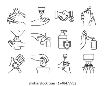 Hand und Hand-Hand-Swashing-Symbol auf weißem Hintergrund, Linienstil, Vektorgrafik