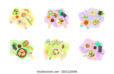 Hands Having Breakfast Above Table View with Meal on Plate Vector Set