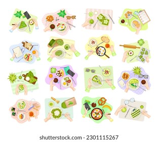 Hands Having Breakfast Above Table View with Meal on Plate Big Vector Set