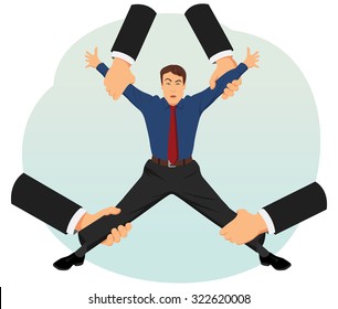 Hands Of Headhunters Are Stretching A Valuable Employee In Different Directions. Human Resources Management.