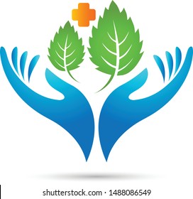 Hands healthcare sign green leaf logo