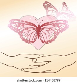 hands, heart and butterfly .Vector illustration