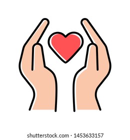 Hands with heart color icon. Volunteering activity. Nonprofit organization. Charity project. Friendship and love. Humanitarian help. Community service program. Isolated vector illustration
