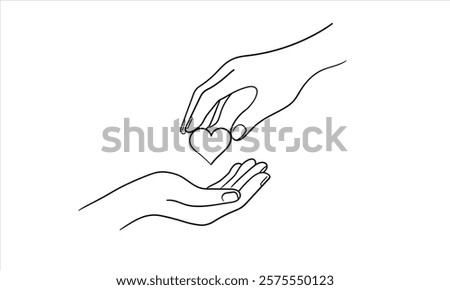 Hands with heart continuous line art drawing isolated on white background. Charity and help. Vector illustration