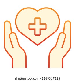 Manos con el corazón y cruza un icono plano. Iconos naranjas de donación en un estilo moderno y plano. Diseño de estilo gradiente de corazón en brazos, diseñado para web y app. Eps 10