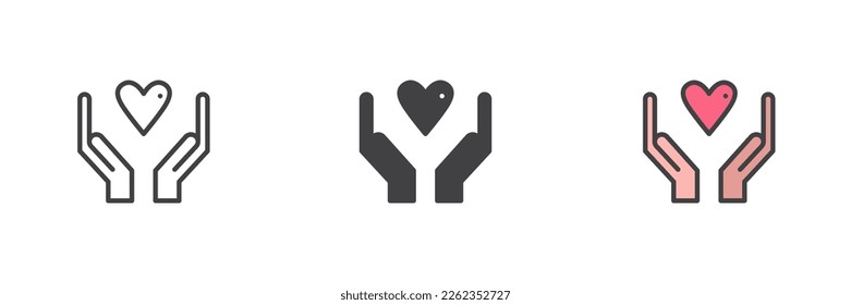 Manos con el conjunto de iconos de estilo diferente para el corazón. Línea, glifo y contorno relleno versión colorida, contorno y signo vectorial relleno. Símbolo de caridad, ilustración del logo. Gráficos vectoriales