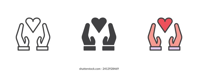 Hands with heart different style icon set. Line, glyph and filled outline colorful version, outline and filled vector sign. Love symbol, logo illustration. Vector graphics